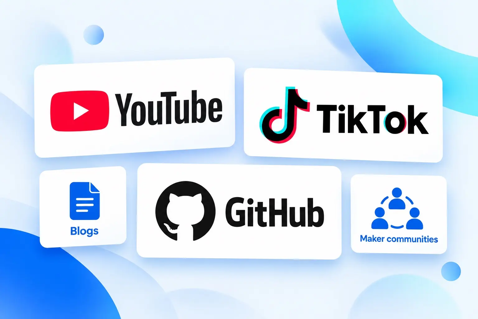 YouTube, TikTok and GitHub logos with blog and maker-community icons