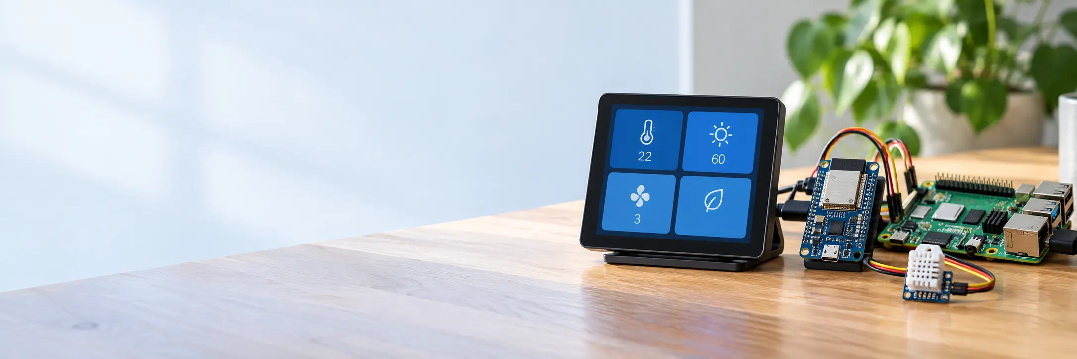 Electronics workbench illustration with a touchscreen, development boards and a sensor