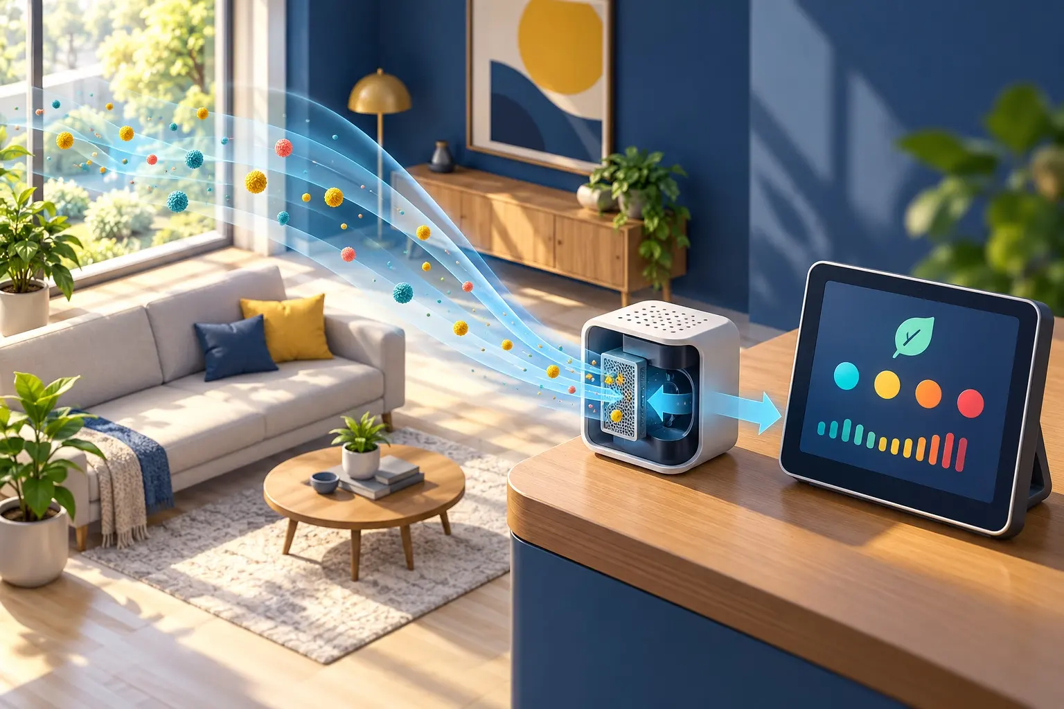 A conceptual room-air, sensor and local-display workflow. AI-generated illustration; not the original project, a wiring guide or a tested build.
