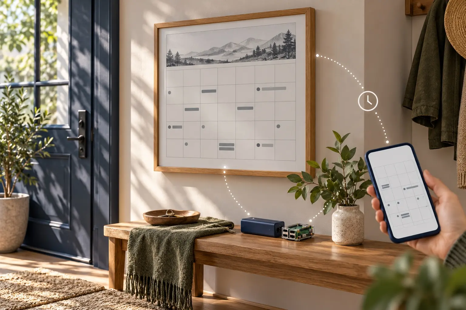 A conceptual calendar display with scheduled synchronization. AI-generated illustration; not the original project, a wiring guide or a tested build.