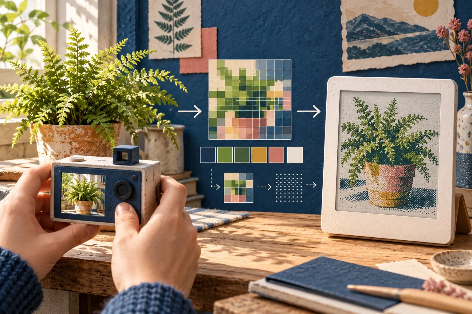 A conceptual journey from a camera image to a limited-color e-paper picture. AI-generated illustration; not the original project, a wiring guide or a tested build.