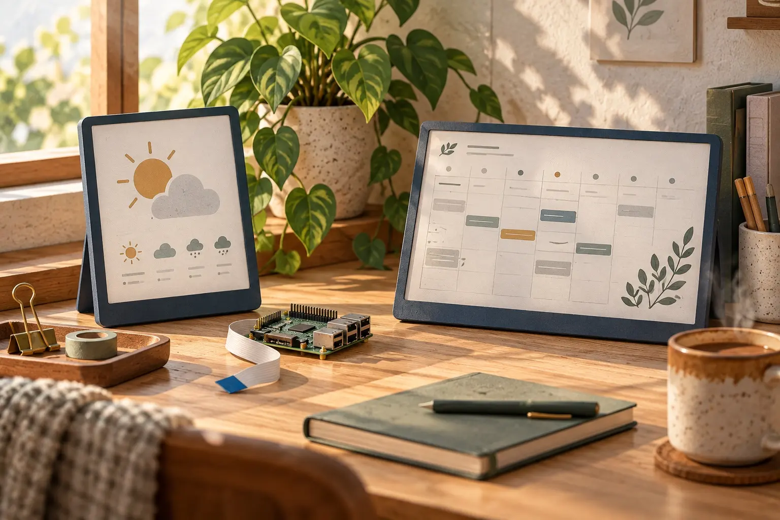 An ambient weather and calendar display concept for a quiet desk. AI-generated illustration; not the original project, a wiring guide or a tested build.