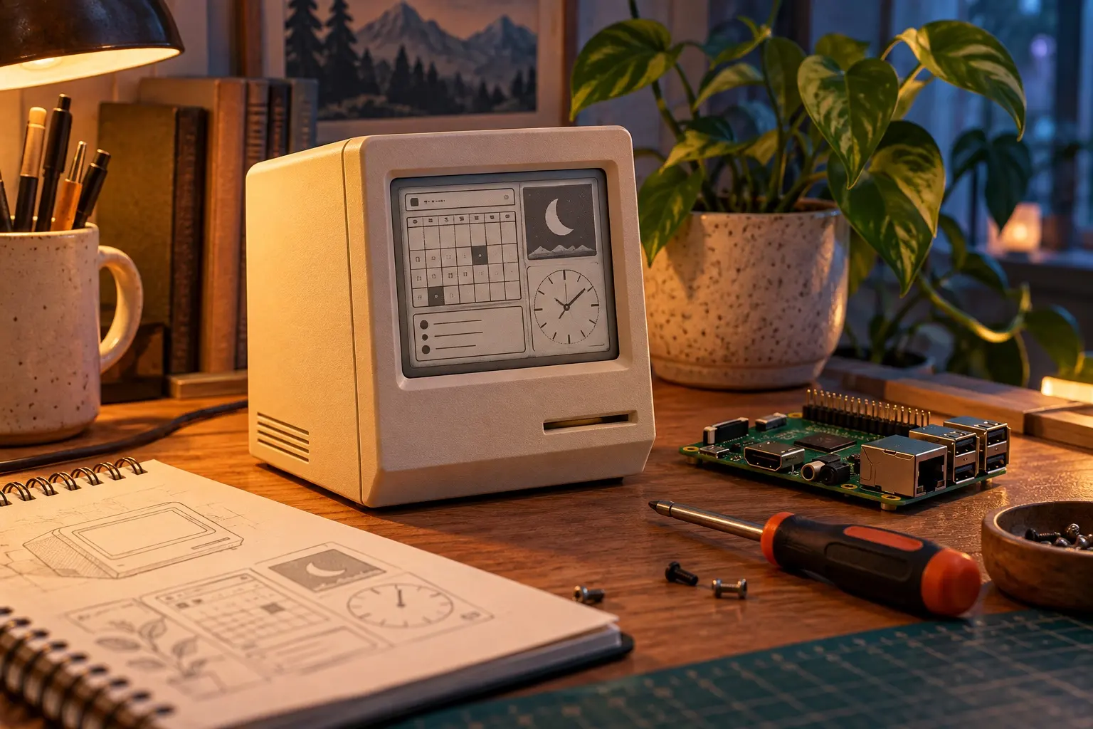 A conceptual retro desktop information display. AI-generated illustration; not the original project, a wiring guide or a tested build.