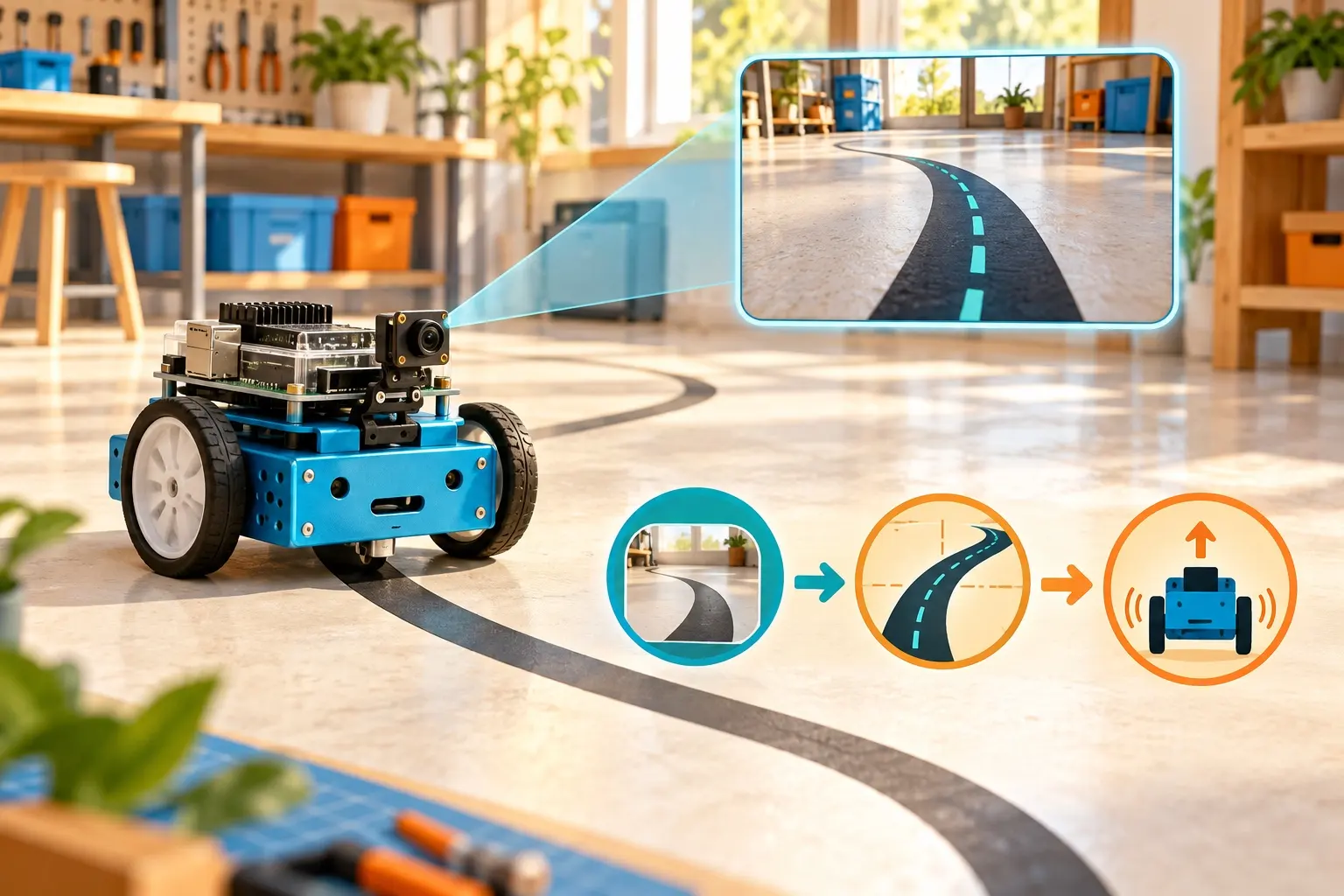 A conceptual camera-guided robot learning to follow a path. AI-generated illustration; not the original project, a wiring guide or a tested build.