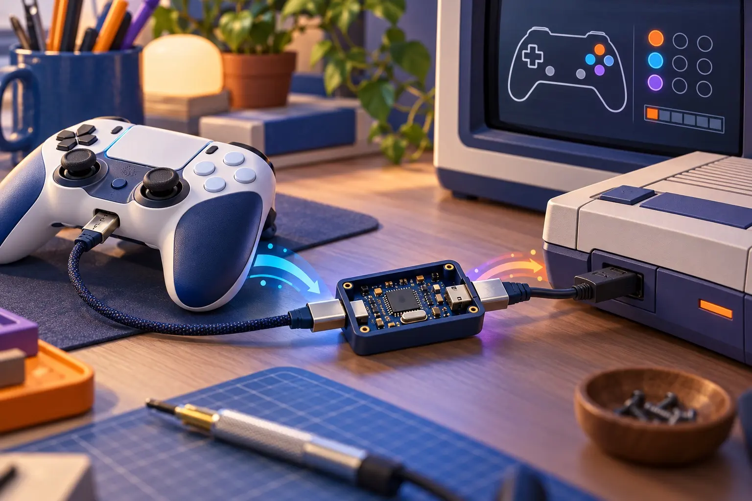 A conceptual controller, adapter and output-device workflow. AI-generated illustration; not the original project, a wiring guide or a tested build.
