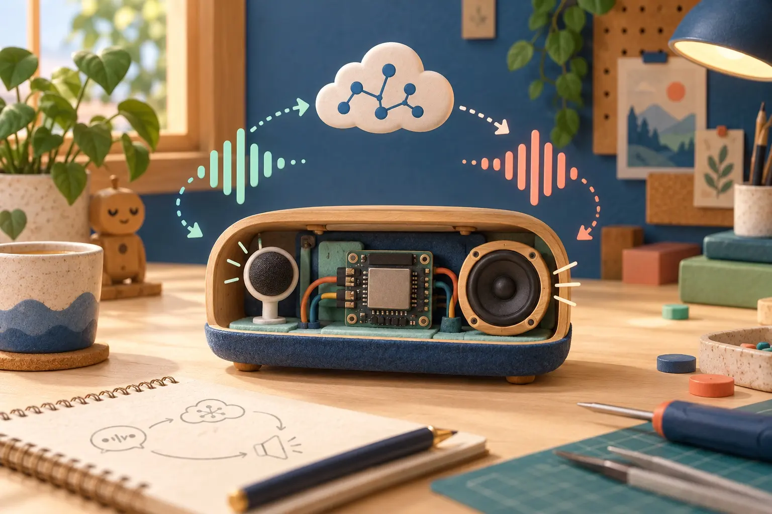 A conceptual listen, process and respond workflow for a voice device. AI-generated illustration; not the original project, a wiring guide or a tested build.