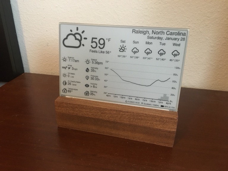 The original ESP32 weather display installed in its finished frame.