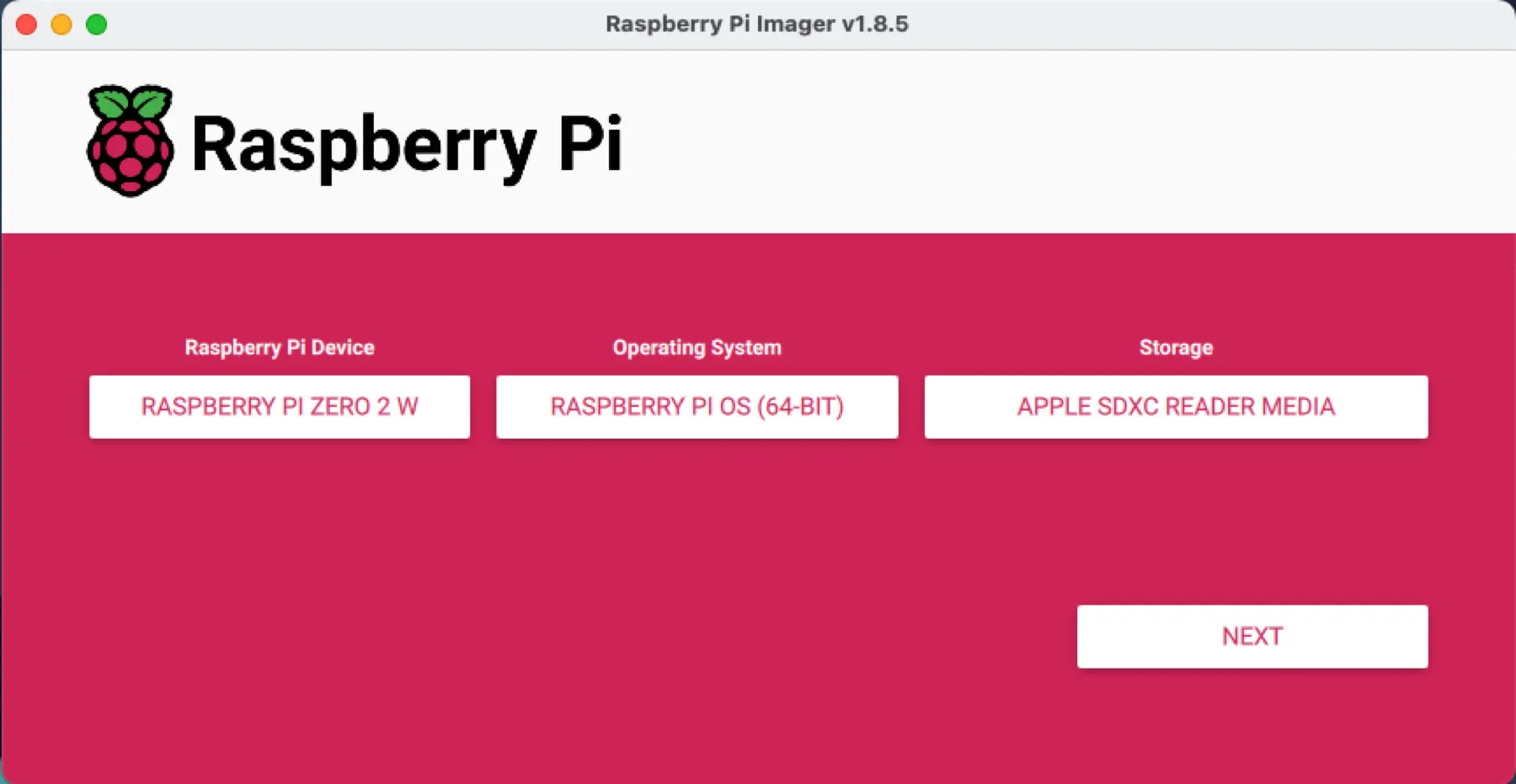 The project’s installation guide begins by selecting the Raspberry Pi model, operating system and target storage.