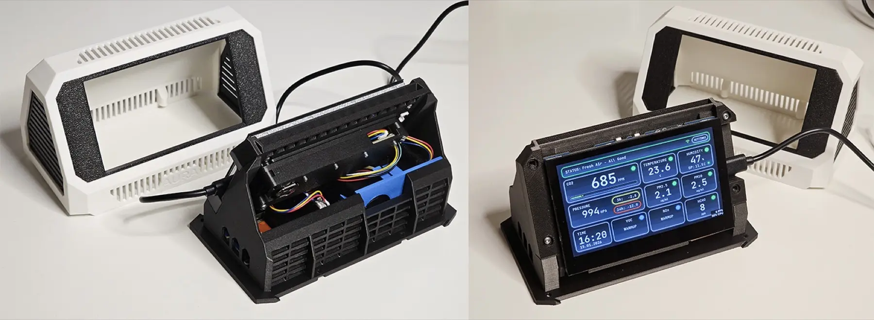 The original assembly overview shows the enclosure and hardware before the finished dashboard.