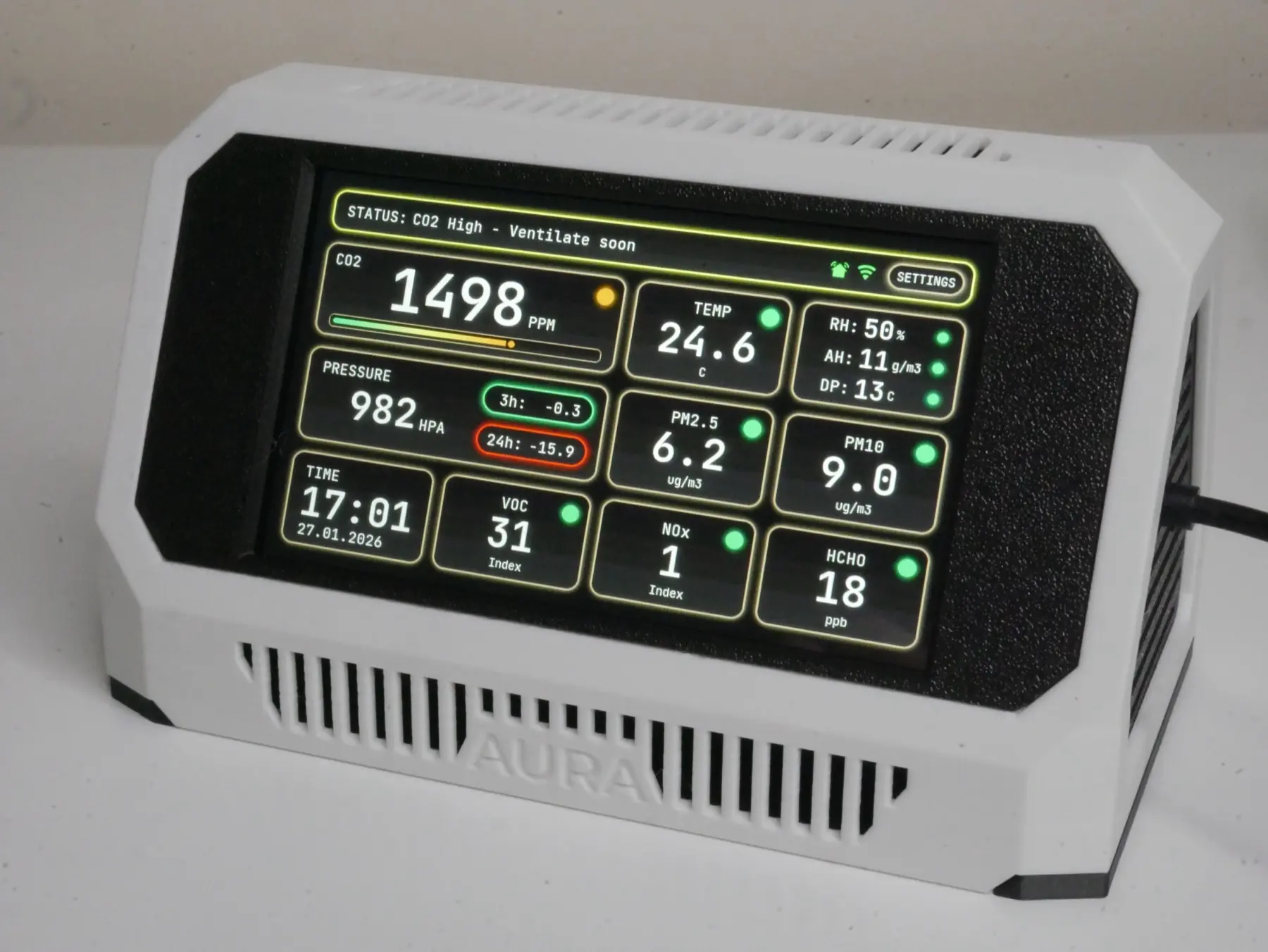 The original Aura interface groups environmental readings into an at-a-glance dashboard. Values shown belong to the source example.