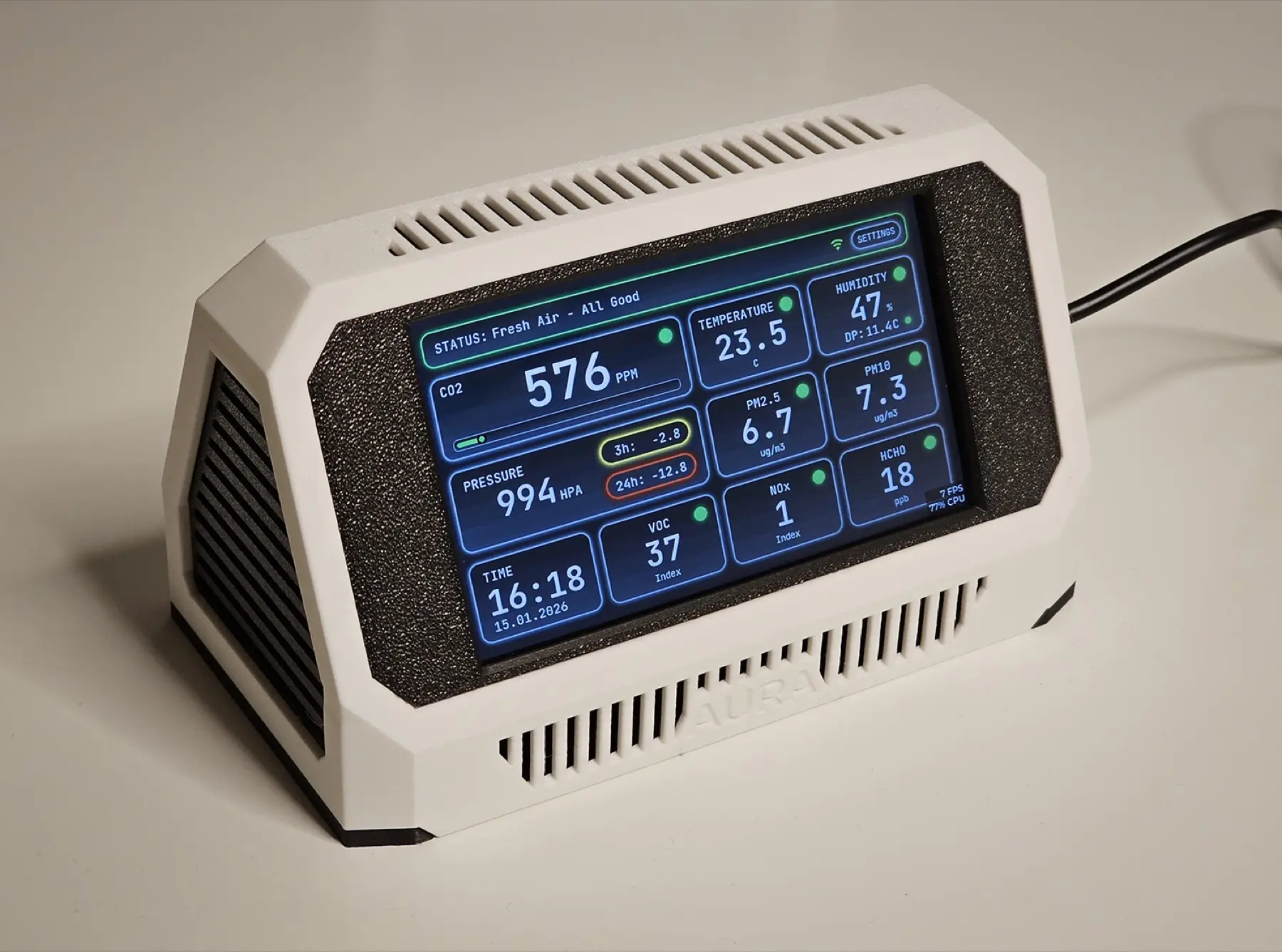 Project Aura’s original touchscreen air-quality device.