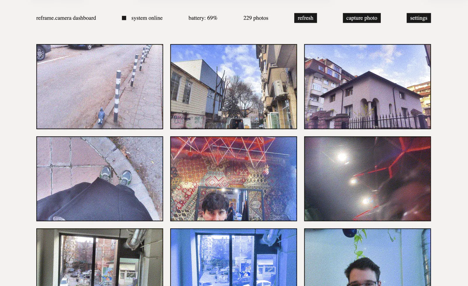 The original browser dashboard exposes the project’s gallery and camera controls.