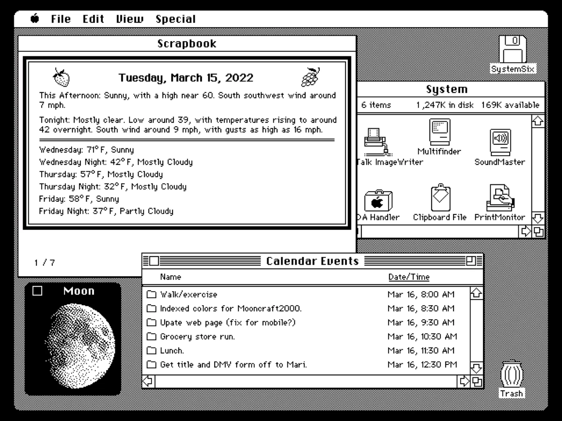 SystemSix’s original display sample combines a calendar and small information panels in a desktop-style layout.
